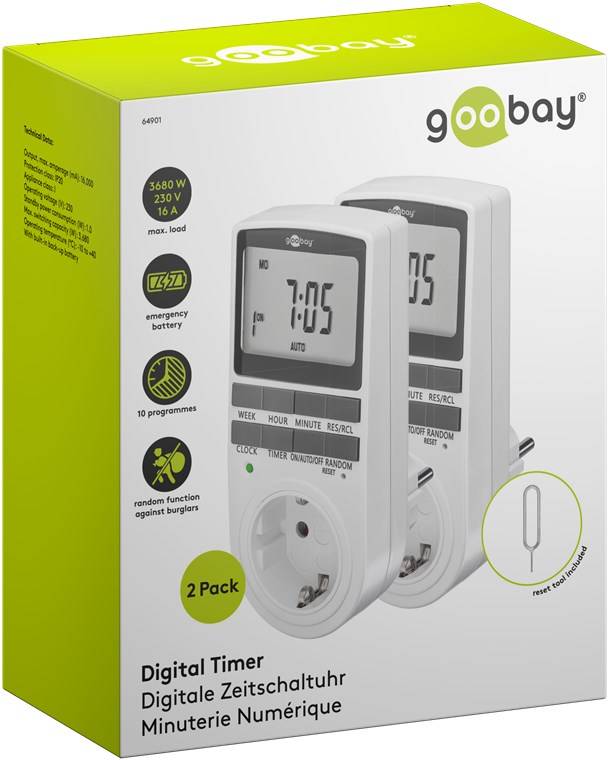 Goobay Digitale Zeitschaltuhr, 2er-Set programmierbare Zeitschaltuhr mit Schutzkontaktanschluss (Typ F)-3