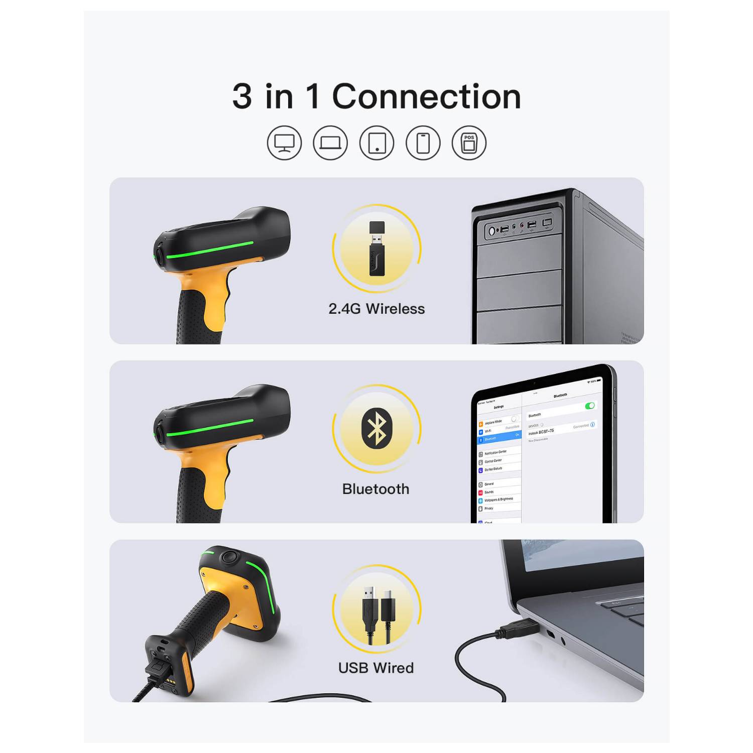 Inateck BCST-75 Barcode-Scanner Handgerät 2D-Imager 100 Scans/Sek. decodiert Bluetooth USB RF2,4 GHz-0