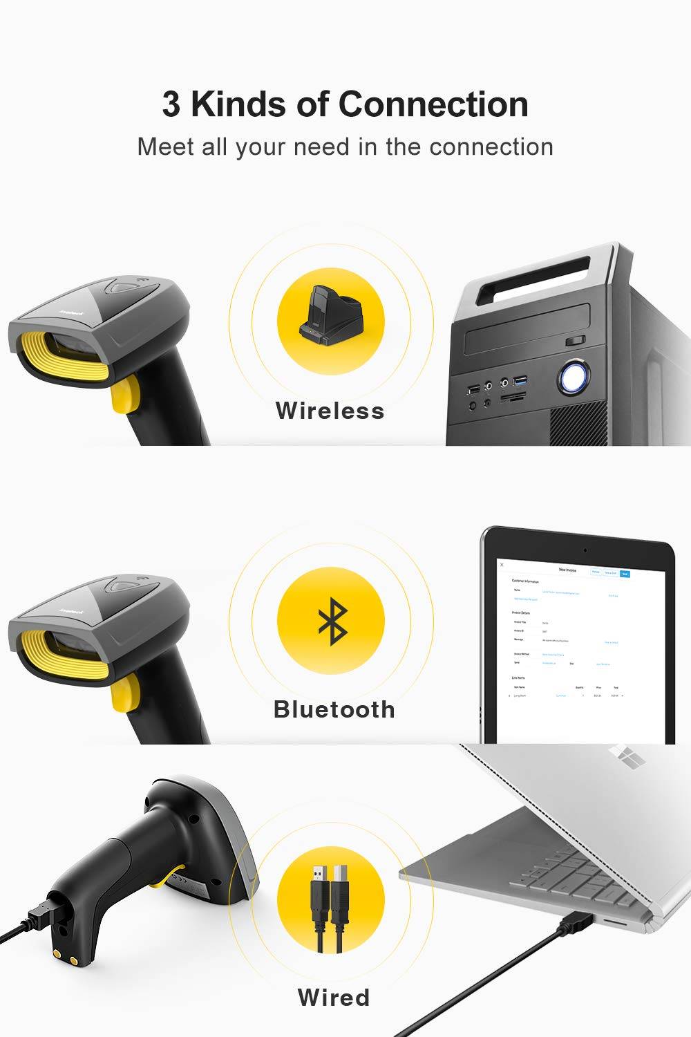 Inateck BCST-52 Barcode-Scanner tragbar 2D-Imager 200 Scans/Sek. decodiert Bluetooth USB RF2,4 GHz-4