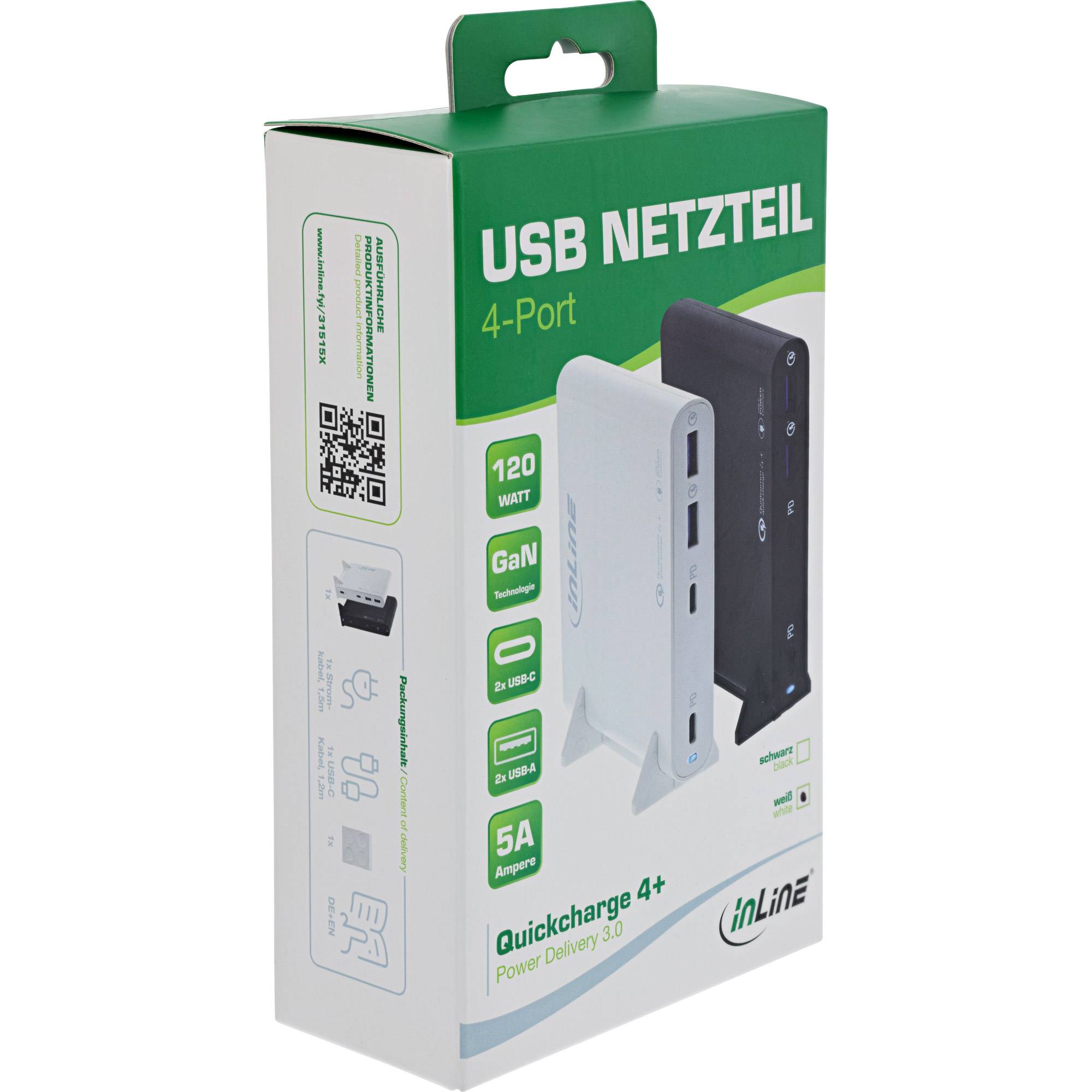 InLine® USB Netzteil, GaN Ladegerät, 4-Port, 2x USB-C + 2x USB-A, 120W, schwarz-3