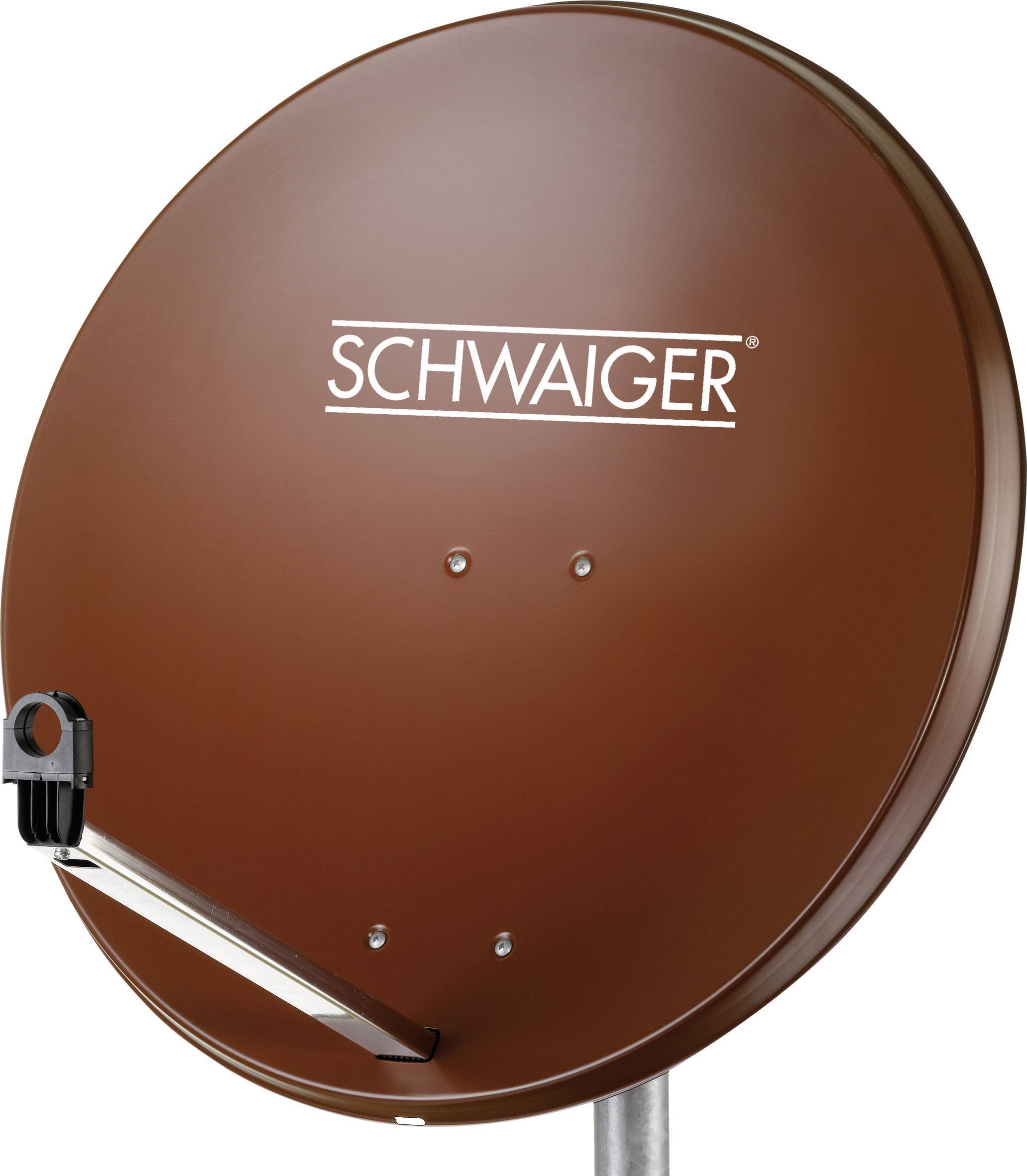 Braune Satellitenschüssel mit Aufschrift 'Schwaiger', montiert auf einem metallenen Mast, vor einem weißen Hintergrund.
