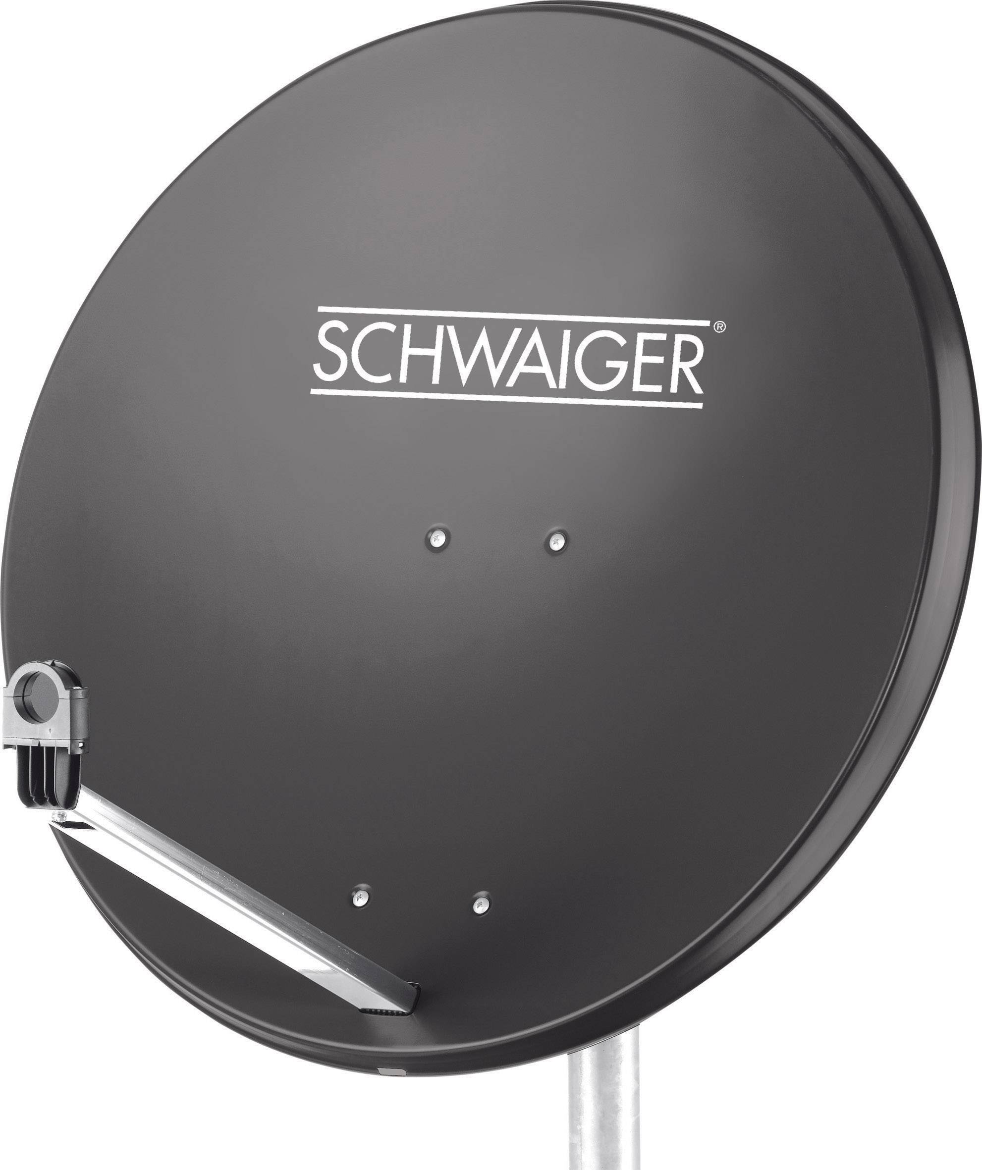 Schwarze Satellitenschüssel mit der Aufschrift 'Schwaiger' in der Mitte, befestigt an einem Metallrohr.