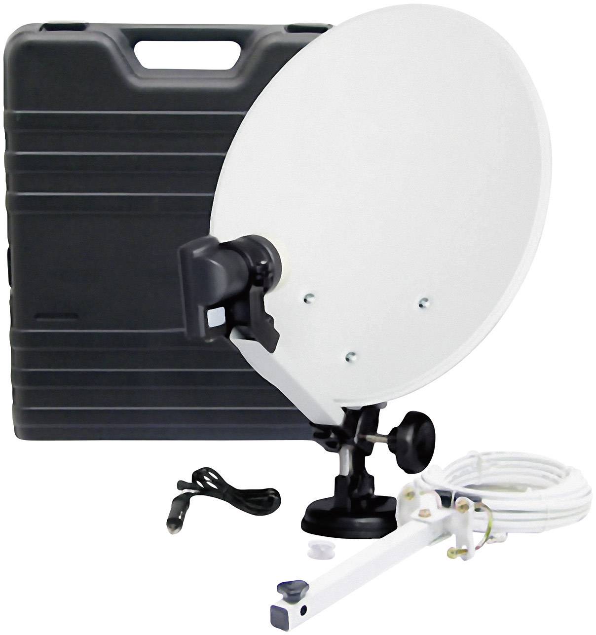Tragbare Satellitenschüssel mit Standfuß, Kabel und schwarzem Transportkoffer, geeignet für TV-Empfang unterwegs.