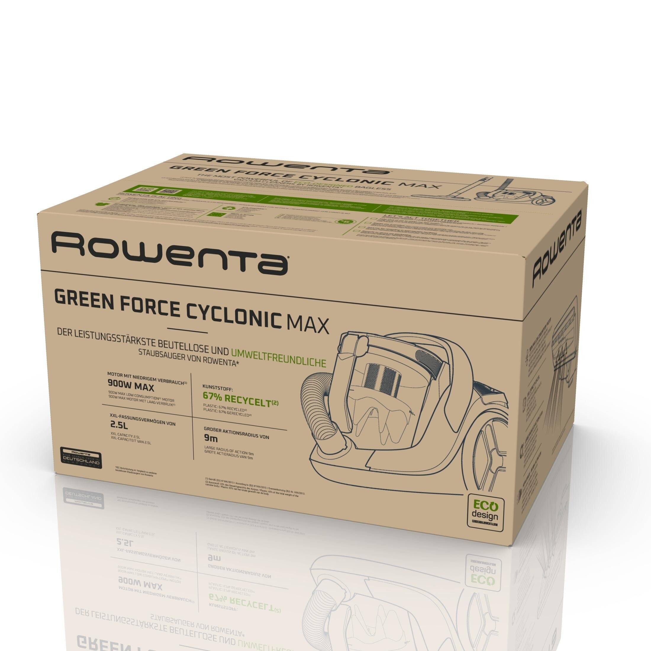 Rowenta Green Force Cyclonic Max RO7B12, 900 W, Zylinder-Vakuum, Trocken, Beutellos, 2,5 l, HEPA-3