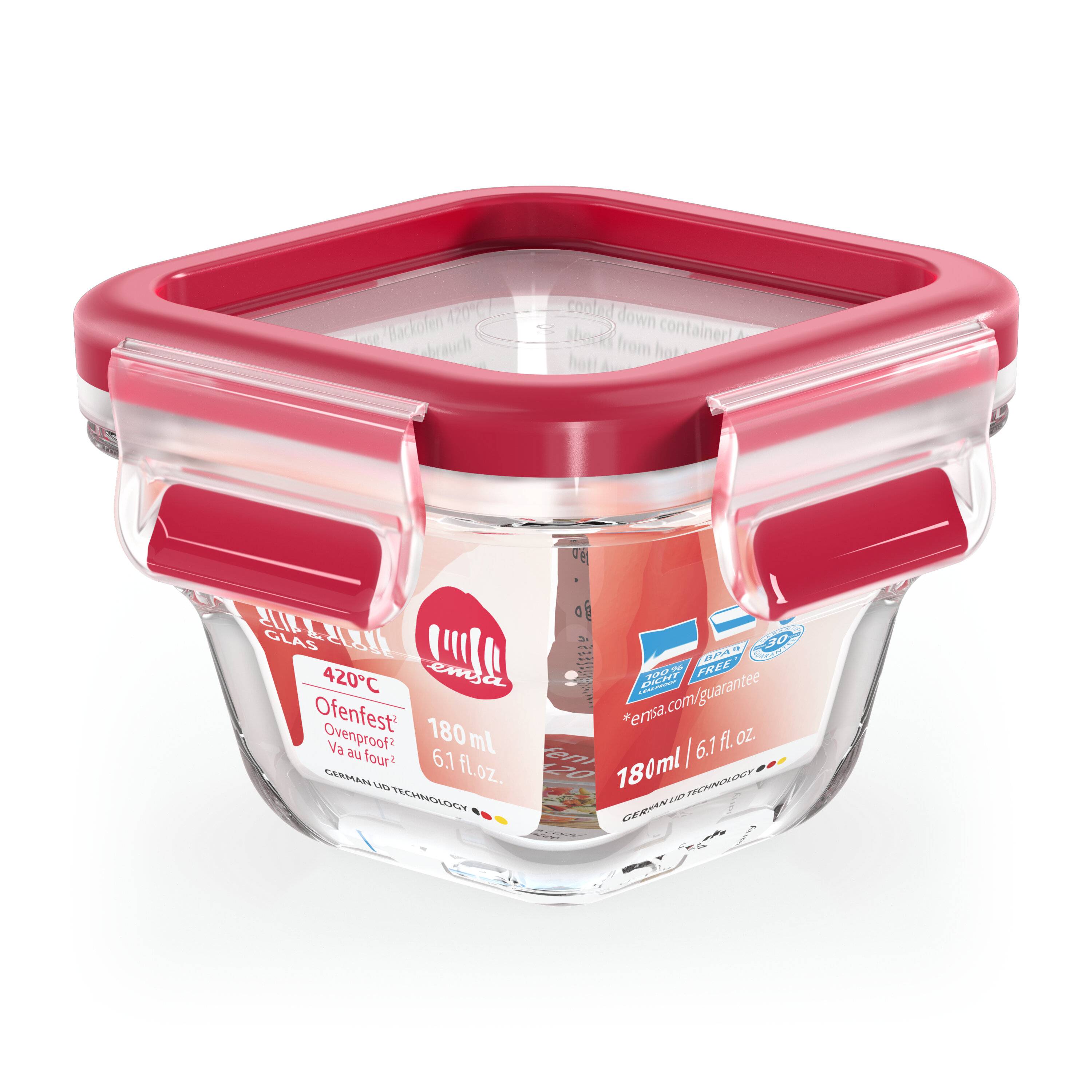Emsa N10413 Clip & Close Glas Frischhaltedose quadratisch | 0,18 L | stapelbar | gefrierfest |-1