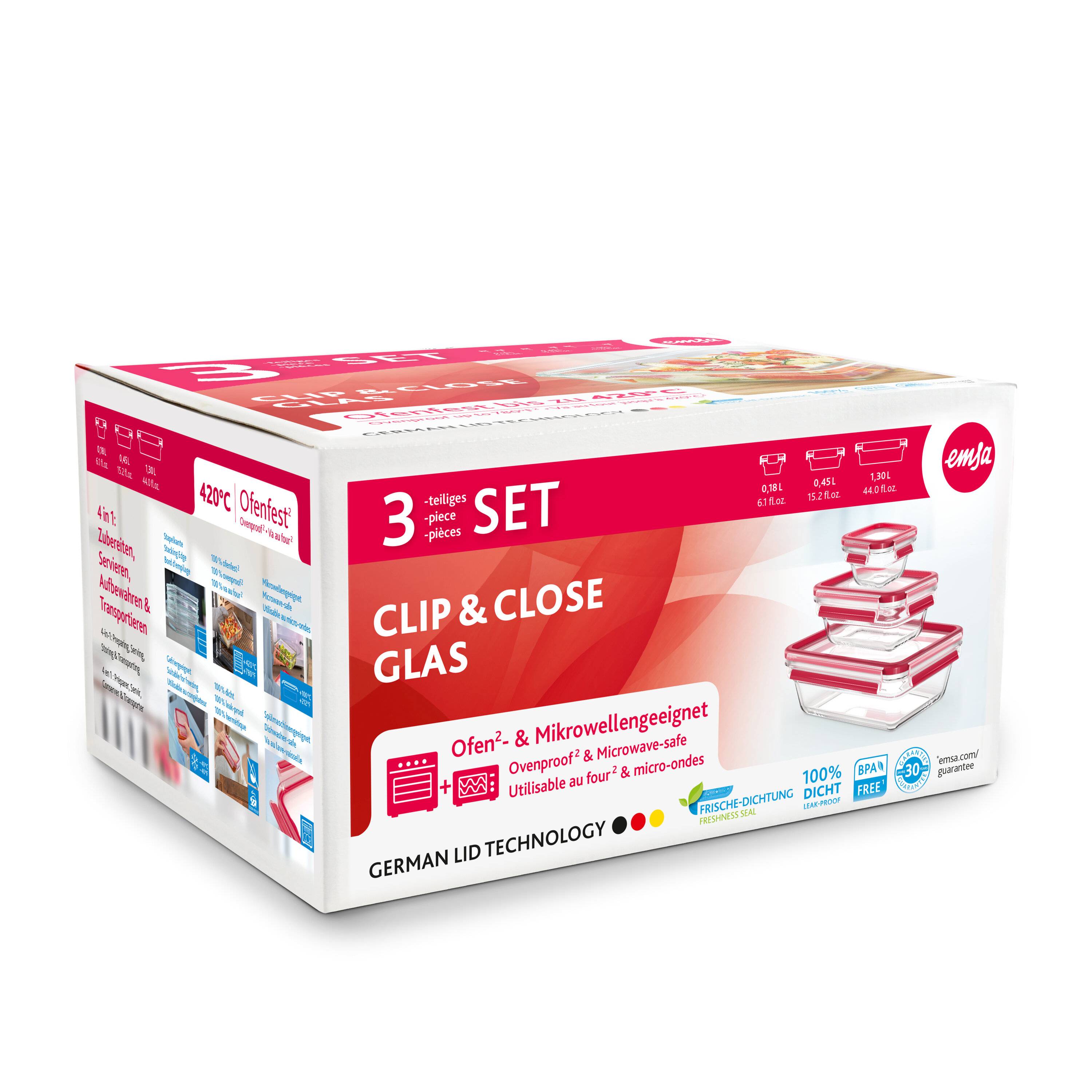 Emsa N10508 Clip & Close Glas Frischhaltedosen-Set 3-teilig | 0,18/0,45/1,3 L | stapelbar |-3