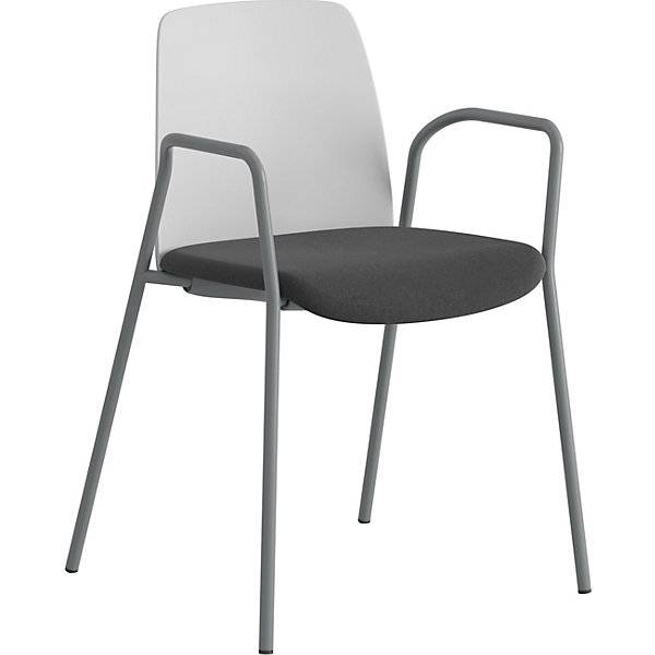 Stuhl Helmer Sitz gepolstert Lehne Kunststoff VE 4 Stk Sitz weiß/schwarz Gestell silber mit Armlehnen. ELJ-0
