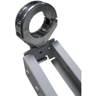 Metallischer Klemmhalter an einem Träger montiert, zeigt Teile einer Befestigungslösung, vermutlich für Rohre oder Kabel.