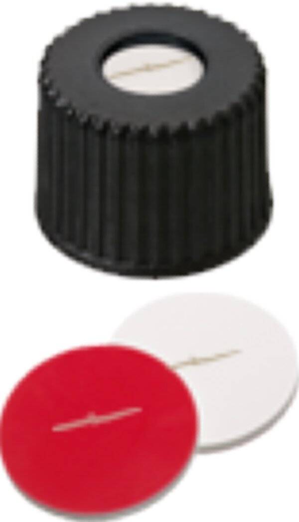 neochrom® Schraubkappen ND8 geschl., Kautschuk rot-or./TEF transp., 100 St./Pack