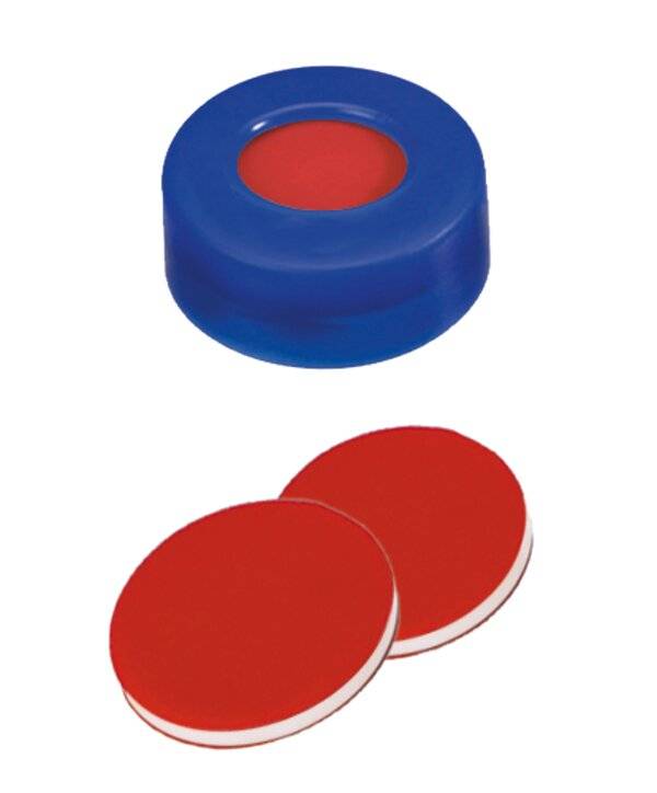 neochrom® Schraubkappe glatt (blau), 9 mm, rotes PTFE/weißes Silikon/rotes PTFE; VE: 100-0