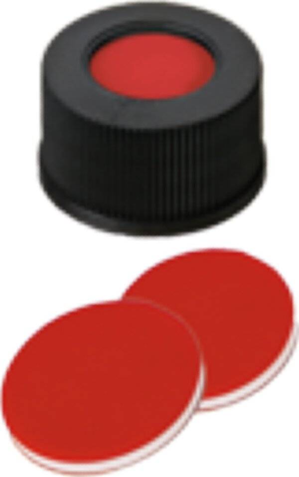 neochrom® Schraubkappe ND9 Kurzgewinde, PP blau mit Loch, Silikon weiß/PTFE rot, 100 St.