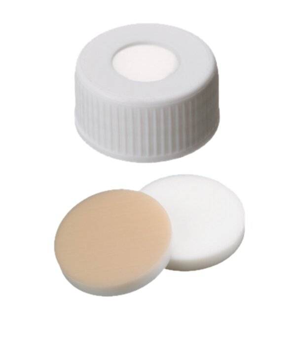 neochrom® Schraubkappen ND24 weiß, mit Loch, Septum Butyl rot/PTFE grau, 100 Stck./Pack