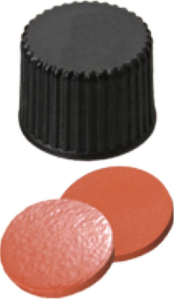 neochrom® Schraubverschlüsse PP, ND10 m. Loch, Naturkautschuk rot-orange / TEF transparent