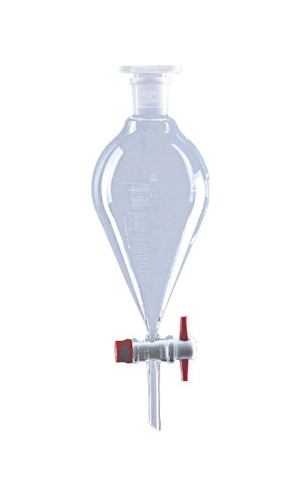 Lenz Scheidetrichter, konisch, mit PTFE-Küken, 500 ml, NS 29/32, Bohrung 4,0 mm, Teilung 10