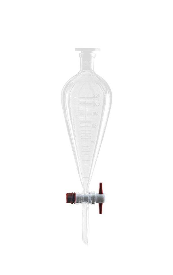 Lenz Scheidetrichter nach Squibb, mit PTFE-Küken, 250 ml, NS 29/32, Bohrung 4,0 mm, Teilung