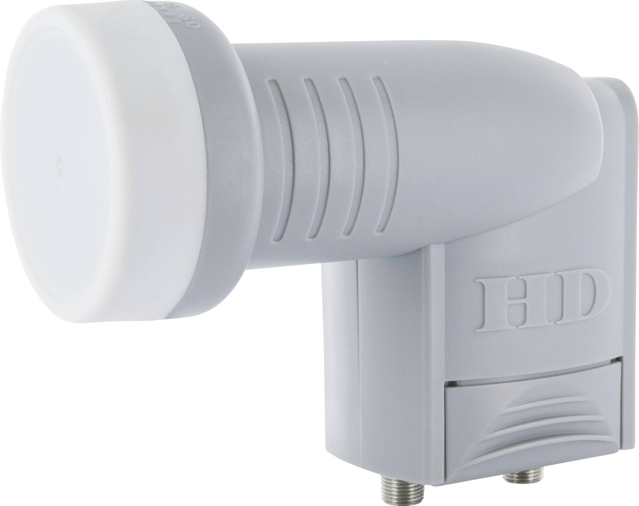 Ein grauer Satelliten-LNB mit HD-Aufschrift, geeignet zur Befestigung an Satellitenschüsseln zur Signalübertragung.
