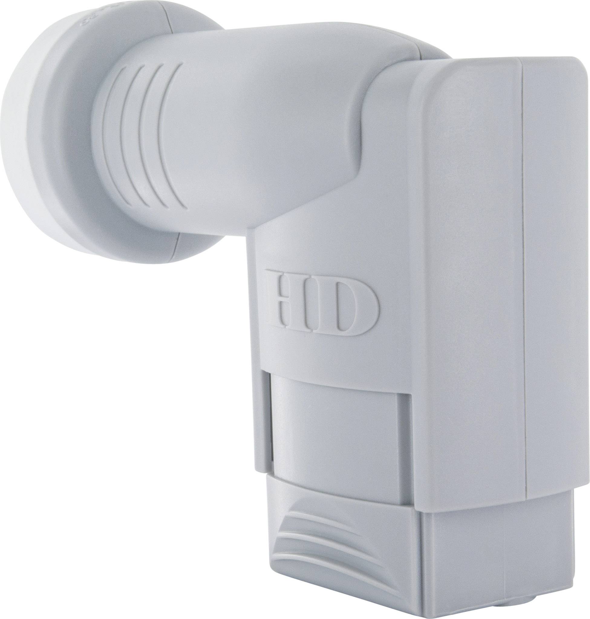 Ein grauer Satelliten-LNB für Satellitenschüsseln, zylinderförmig mit einem rechten Winkel.