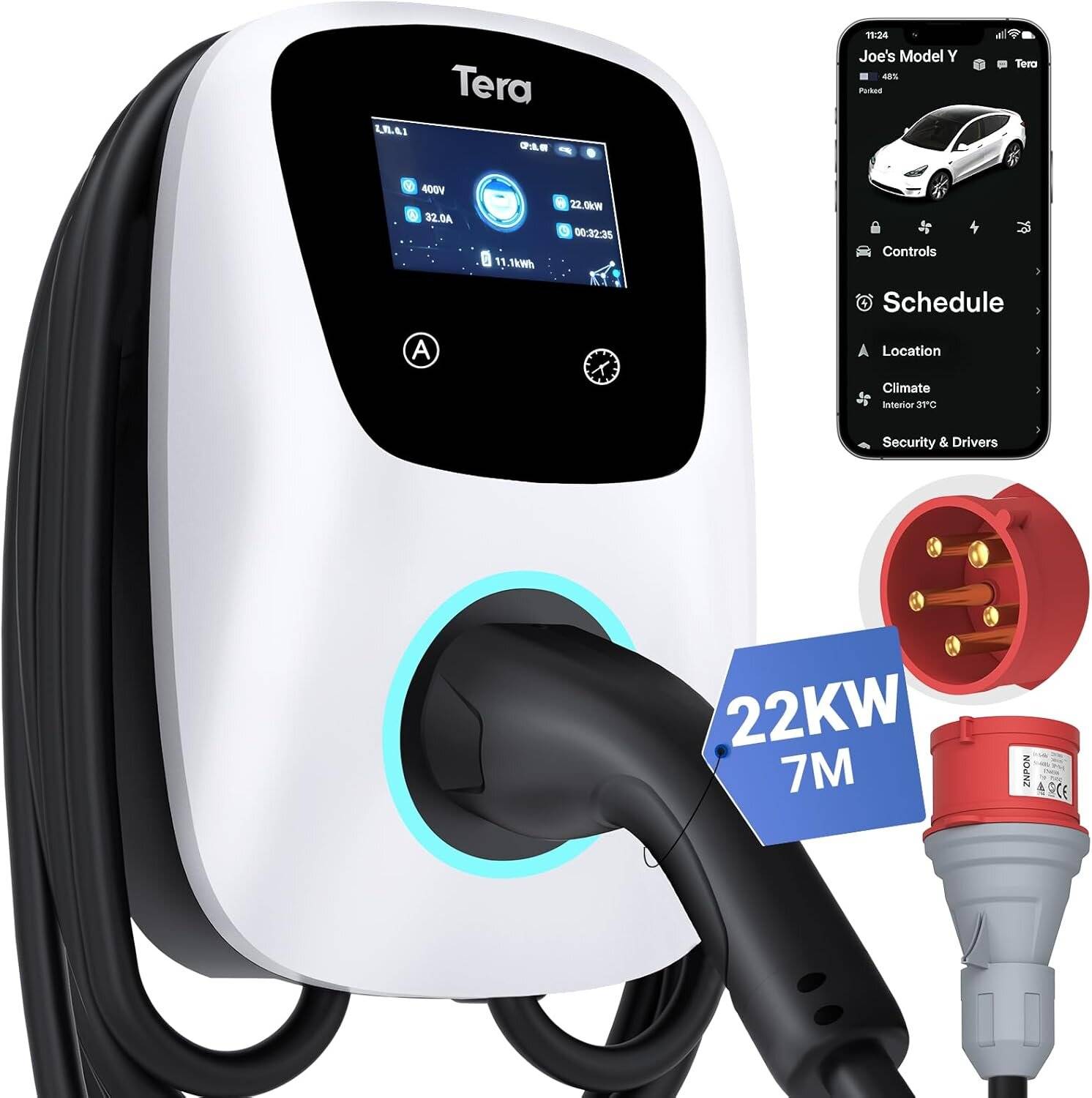 Tera EV W01 22kW EV Ladegerät 32A Typ 2 400V APP-Steuerung CEE 3-Phasen 7m Kabel Weiß W01-32A-AM-W