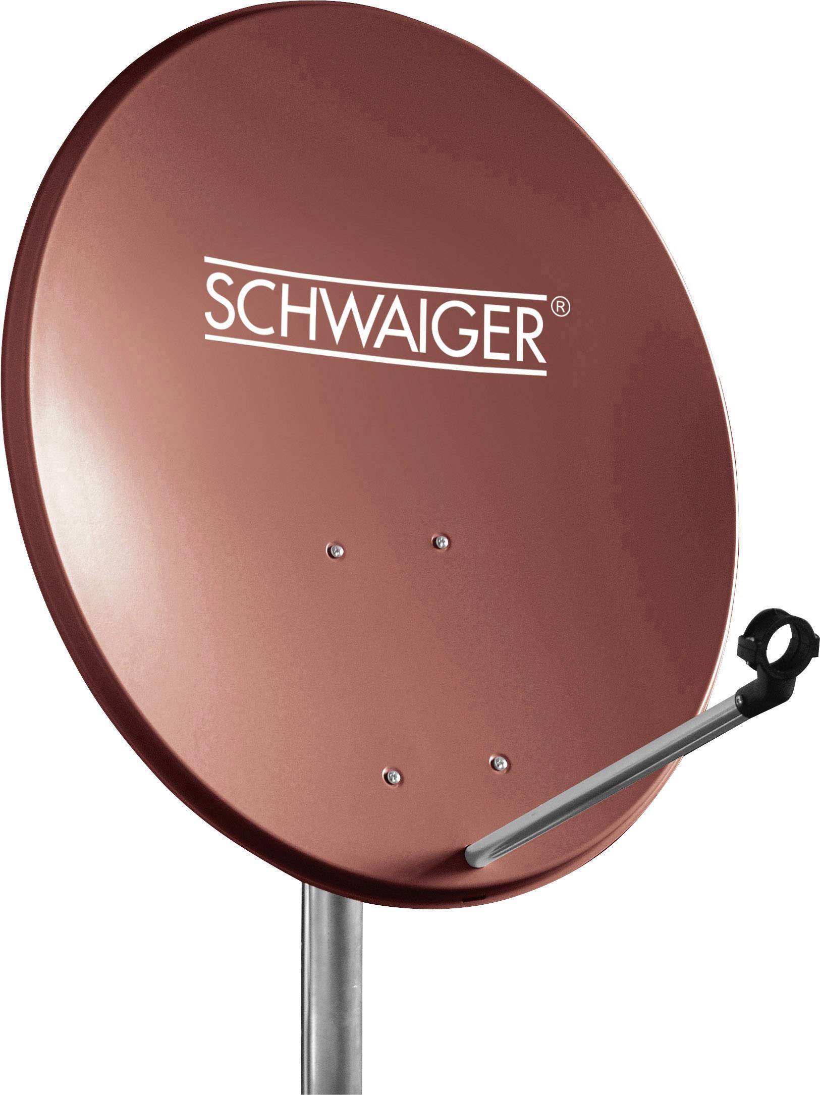 Roter Satellitenschüssel mit dem Logo 'Schwaiger' in Weiß. Montiert auf einem Metallstab.