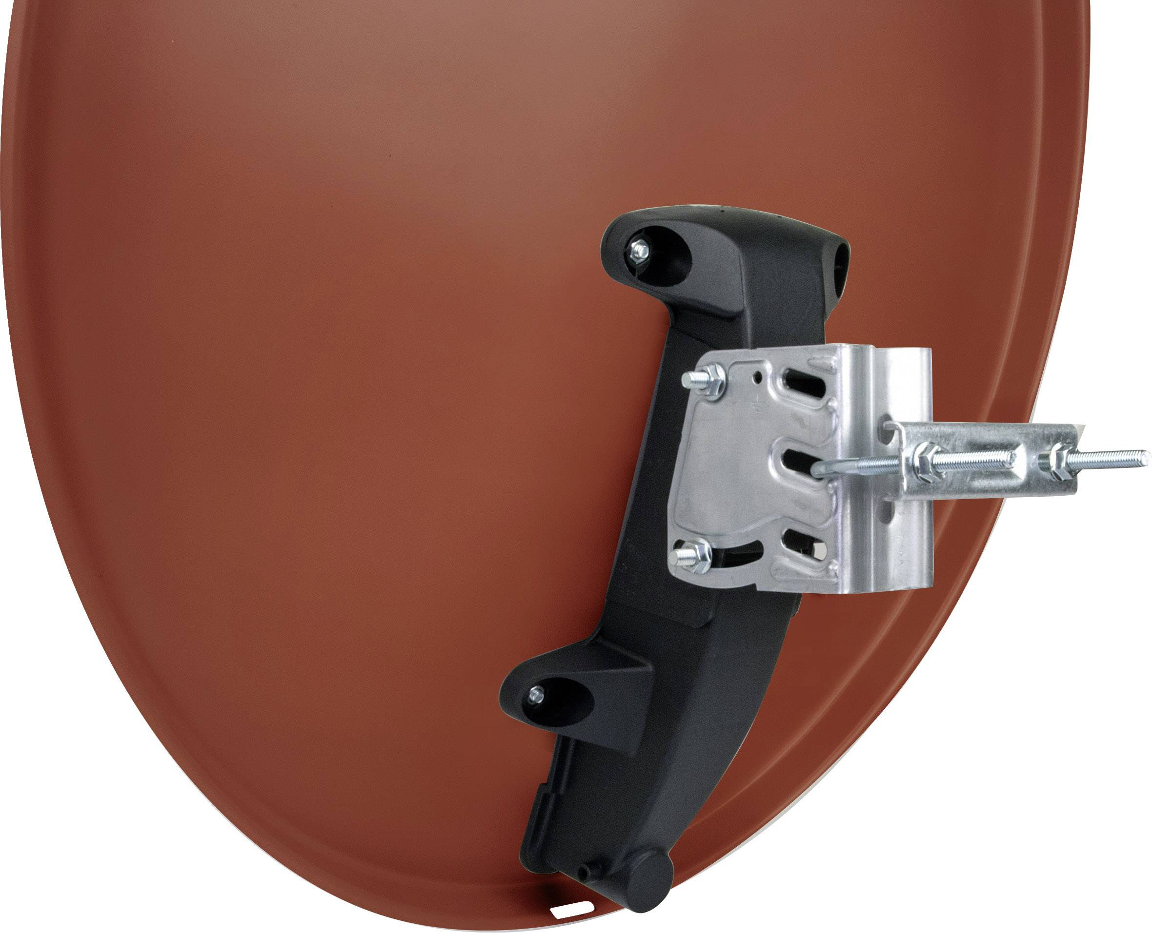 Rote Satellitenschüssel mit Halterung.