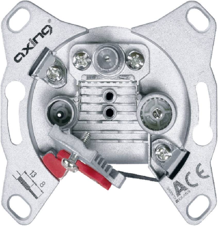 Ein Koaxial-Steckdoseneinsatz mit zwei Anschlüssen und Schraubverbindungen für die Montage. Oben links das Logo 'axing'.