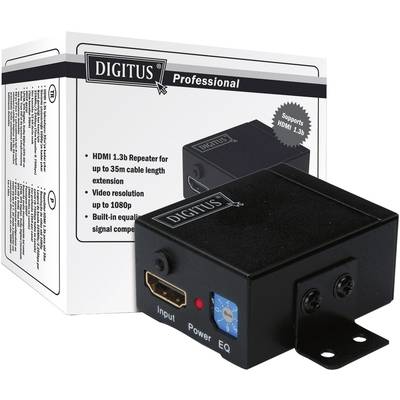 Schwarzer HDMI 1.3b-Repeater von DIGITUS vor Verpackung, geeignet für Signalverlängerung bis 35m, unterstützt 1080p, mit Equalizer.