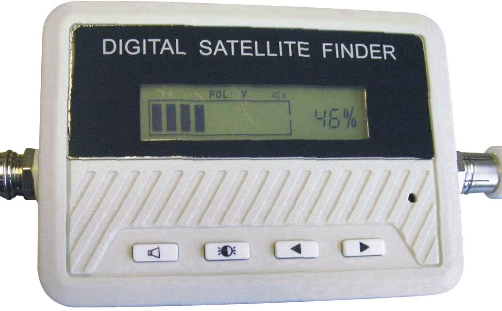 Digitaler Satellitenfinder mit einem Bildschirm, der 46% Signalstärke anzeigt.