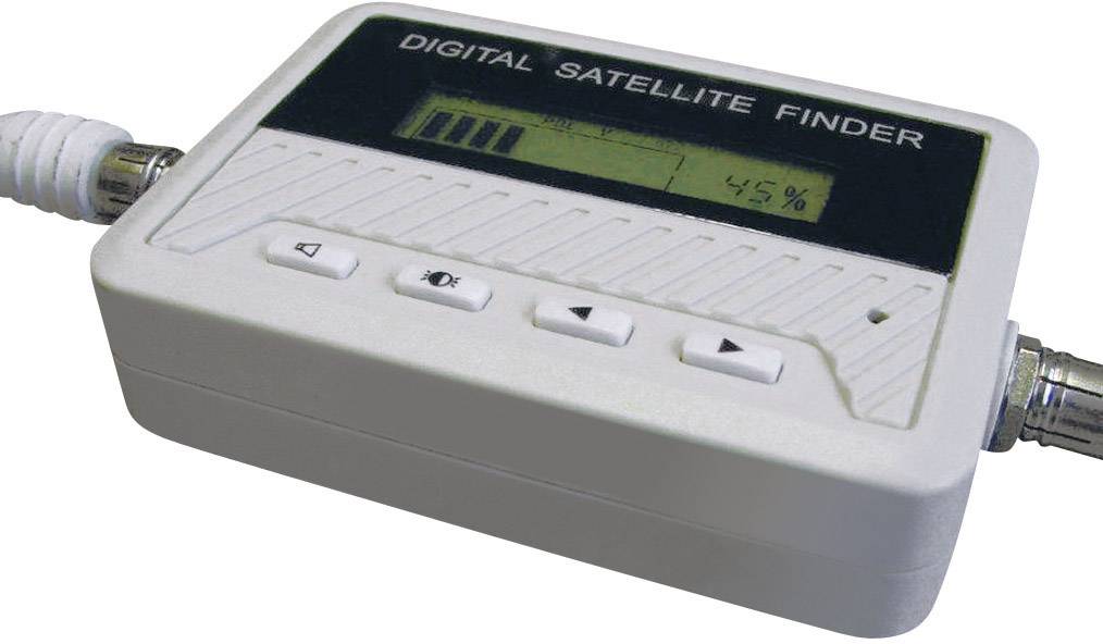 Digitaler Satellitenfinder mit LCD-Bildschirm zeigt 45% Signalstärke. Gerät mit Bedienknöpfen zur Justierung von Satellitenantennen.