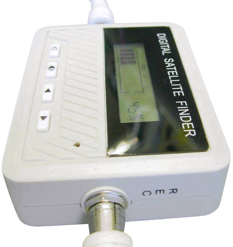 Ein digitales Satellitensuchgerät mit Display zeigt 47% Signalstärke an. Vier Tasten befinden sich links neben dem Display.