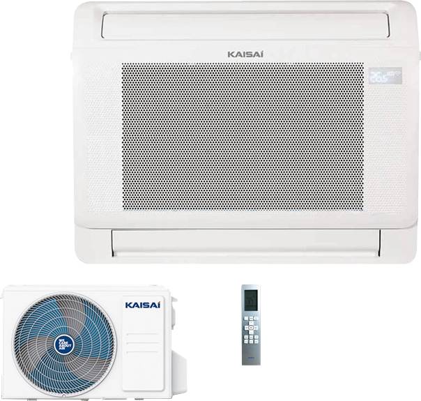 Klimaanlage 'KAISAI' mit Wandgerät, Außengerät und Fernbedienung.