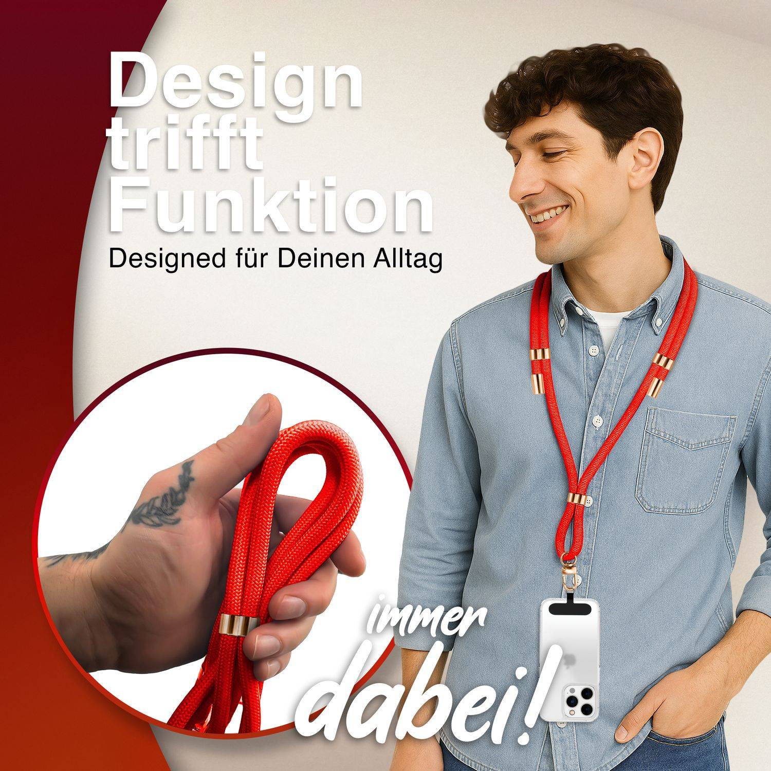 NALIA Lanyard „HoldMe“ – Universal Handy Kette mit Karabiner Schwarz & 2 Pads, Nylon Umhänge Band Neon Orange-3