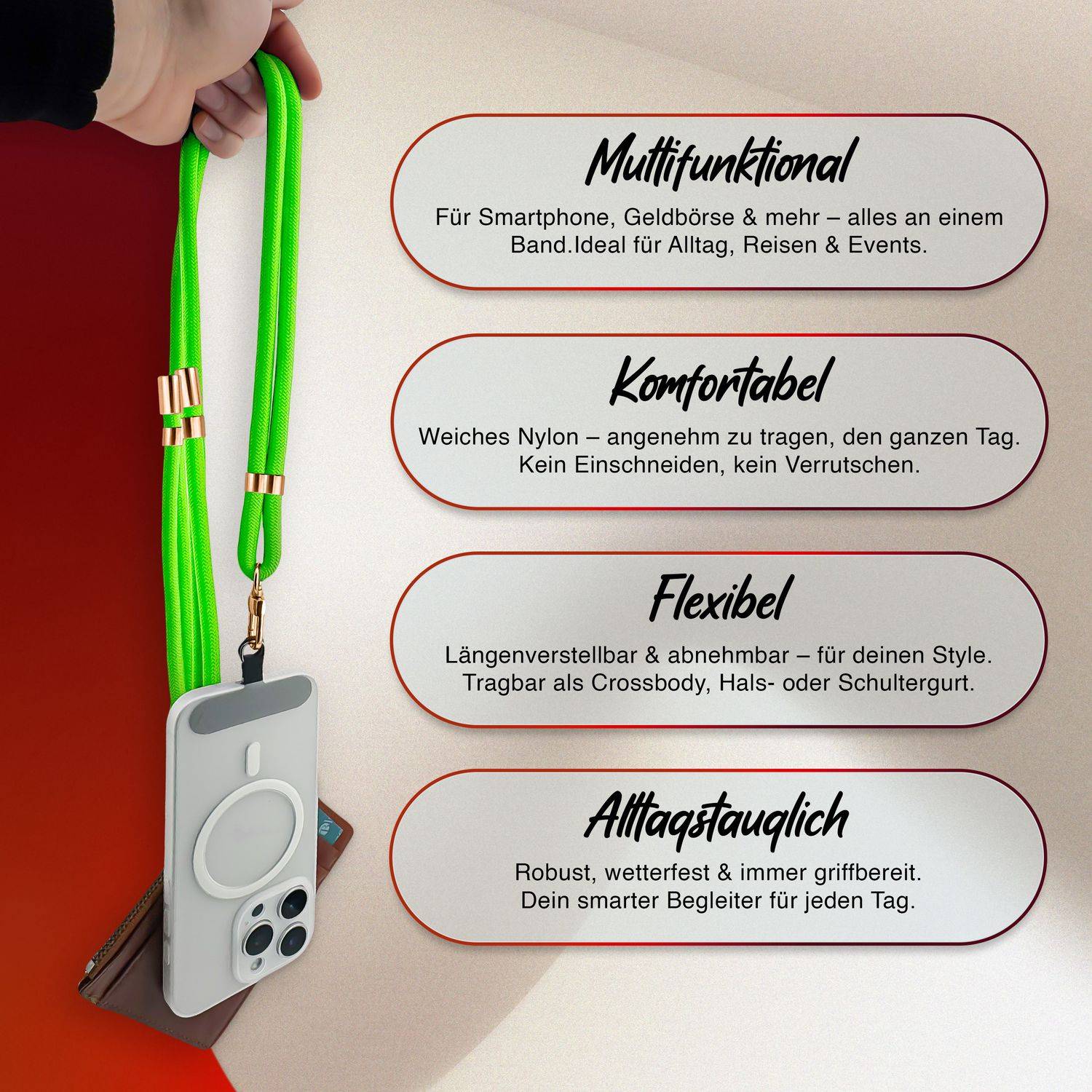 NALIA Lanyard „HoldMe“ – Universal Handy Kette mit Karabiner Schwarz & 2 Pads, Nylon Umhänge Band Neon Grün-2