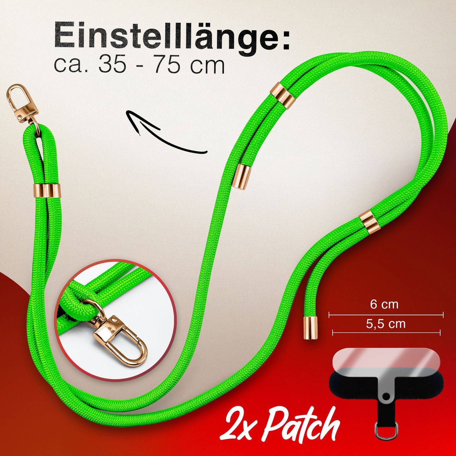 NALIA Lanyard „HoldMe“ – Universal Handy Kette mit Karabiner Schwarz & 2 Pads, Nylon Umhänge Band Neon Grün-3