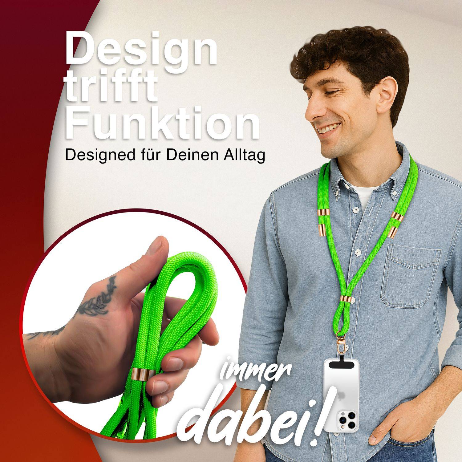 NALIA Lanyard „HoldMe“ – Universal Handy Kette mit Karabiner Schwarz & 2 Pads, Nylon Umhänge Band Neon Grün-4