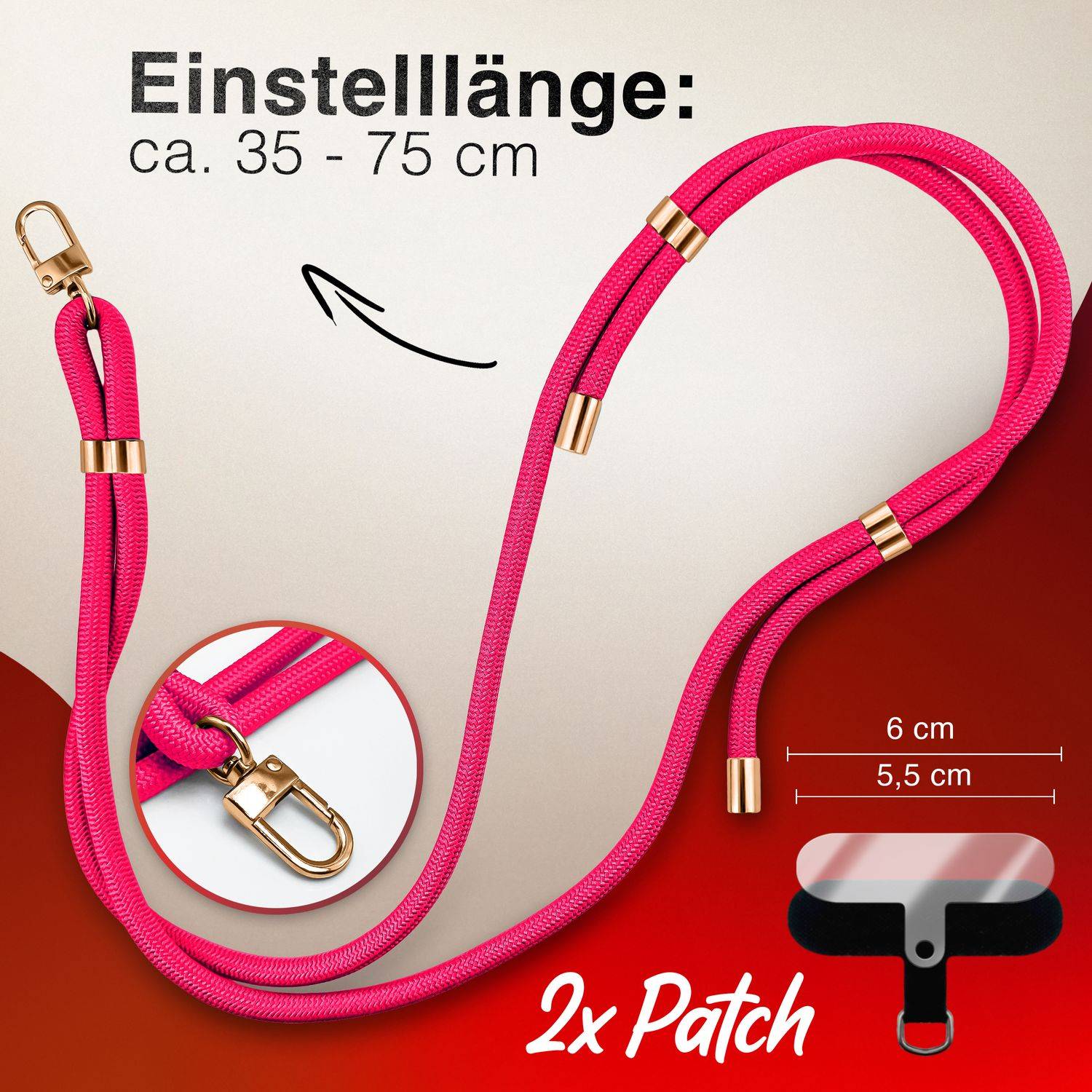 NALIA Lanyard „HoldMe“ – Universal Handy Kette mit Karabiner Schwarz & 2 Pads, Nylon Umhänge Band Neon Pink-3