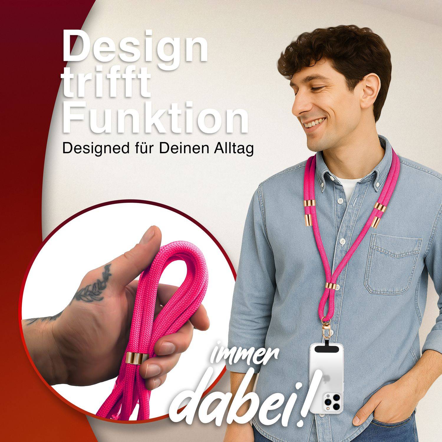 NALIA Lanyard „HoldMe“ – Universal Handy Kette mit Karabiner Schwarz & 2 Pads, Nylon Umhänge Band Neon Pink-4