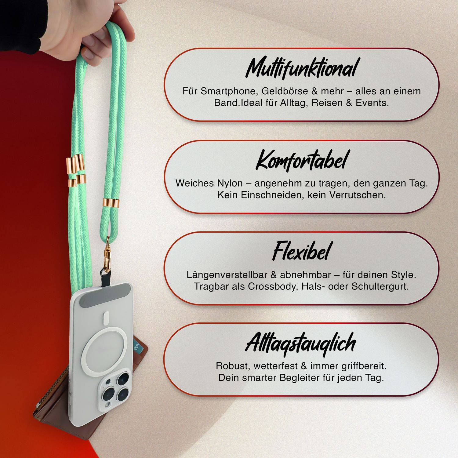 NALIA Lanyard „HoldMe“ – Universal Handy Kette mit Karabiner Schwarz & 2 Pads, Nylon Umhänge Band Türkis-2