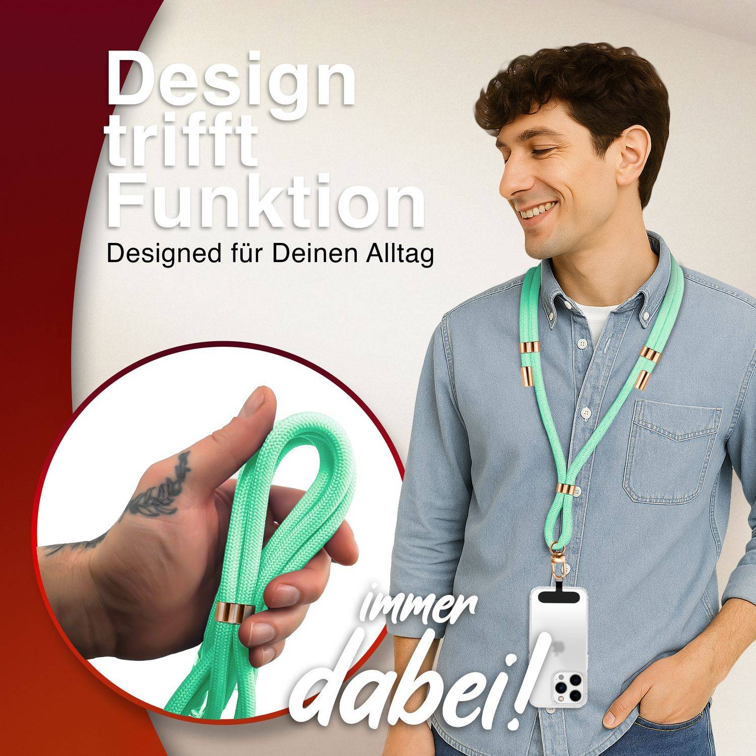 NALIA Lanyard „HoldMe“ – Universal Handy Kette mit Karabiner Schwarz & 2 Pads, Nylon Umhänge Band Türkis-4