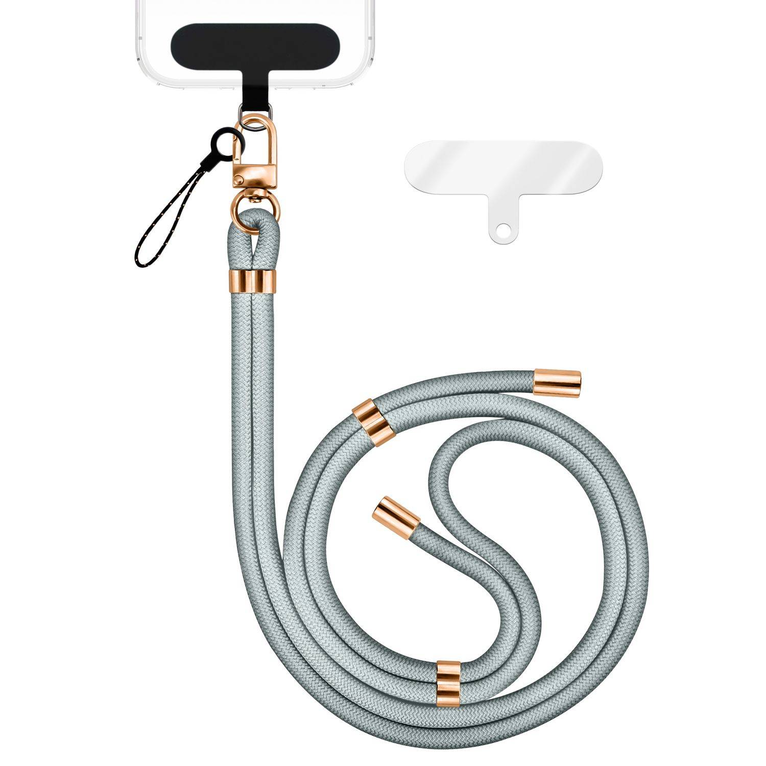 NALIA Lanyard „HoldMe“ – Universal Handy Kette mit Karabiner Schwarz & 2 Pads, Nylon Umhänge Band Hellgrau-0
