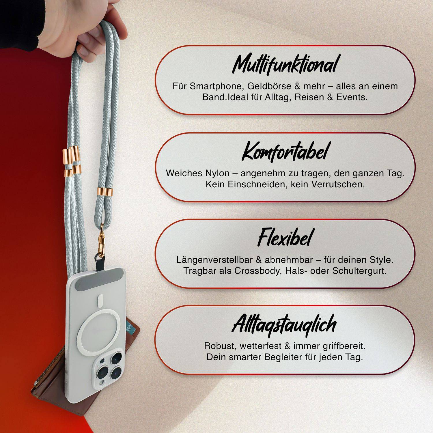NALIA Lanyard „HoldMe“ – Universal Handy Kette mit Karabiner Schwarz & 2 Pads, Nylon Umhänge Band Hellgrau-2