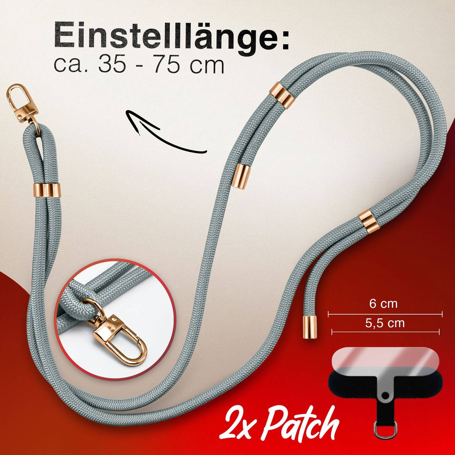 NALIA Lanyard „HoldMe“ – Universal Handy Kette mit Karabiner Schwarz & 2 Pads, Nylon Umhänge Band Hellgrau-3