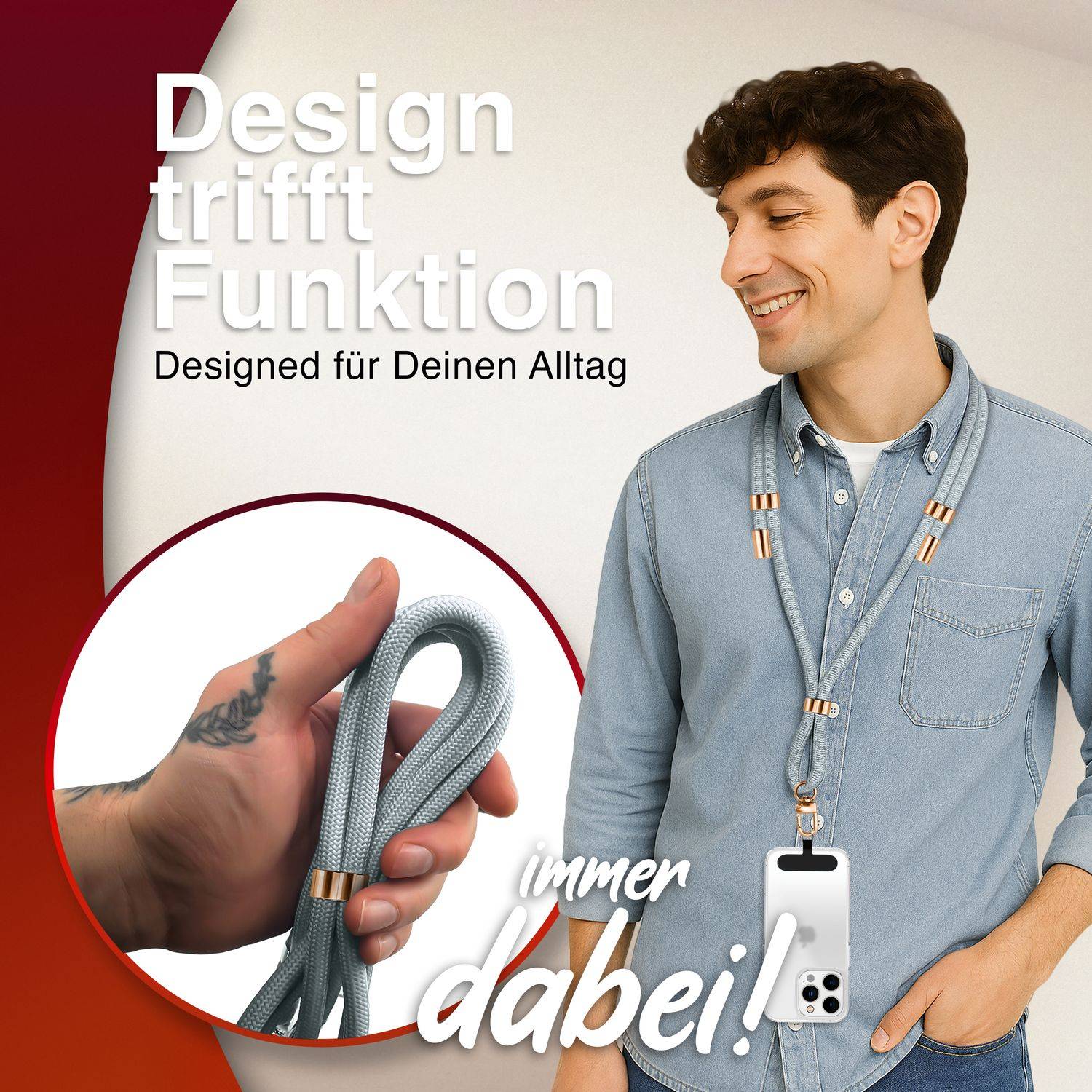 NALIA Lanyard „HoldMe“ – Universal Handy Kette mit Karabiner Schwarz & 2 Pads, Nylon Umhänge Band Hellgrau-4