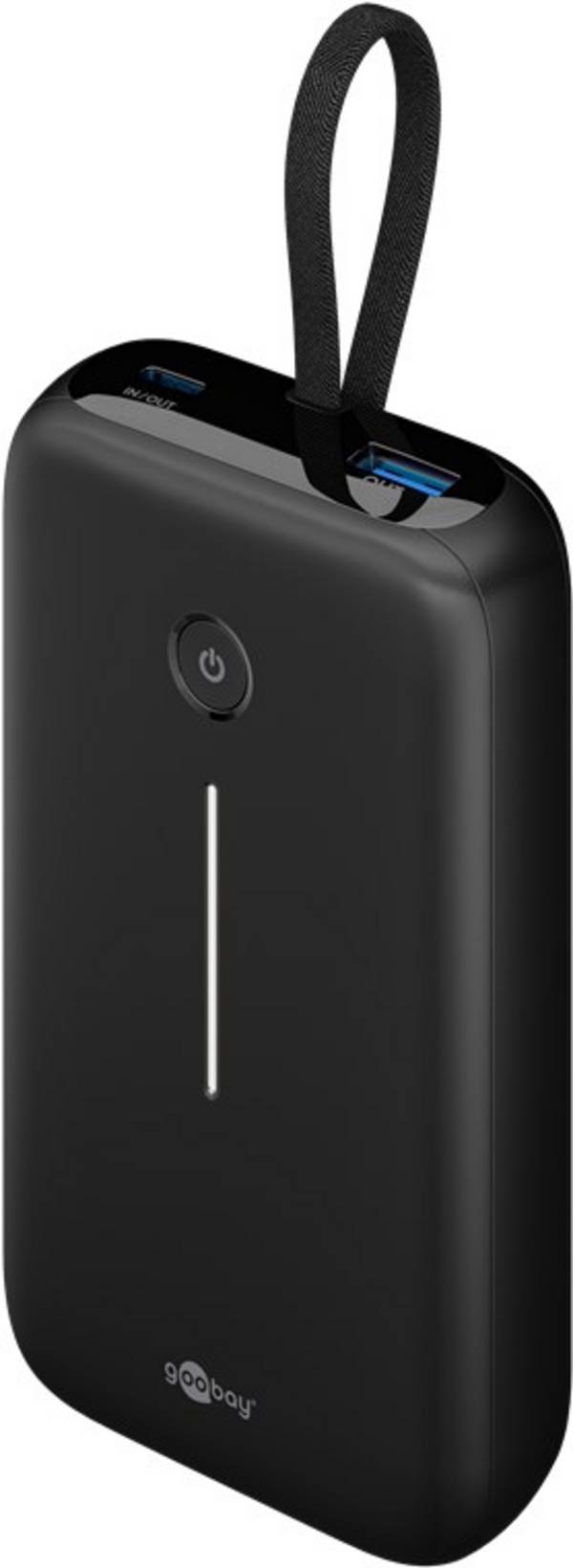 Goobay Powerbank 20000 mAh, USB-C & USB-A, integriertes USB-C-Kabel 30 W PD/QC, kompakte Powerbank