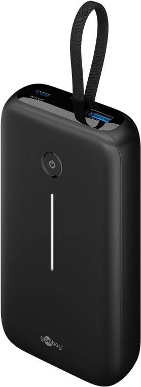 Goobay Powerbank 20000 mAh, USB-C & USB-A, integriertes USB-C-Kabel 30 W PD/QC, kompakte Powerbank