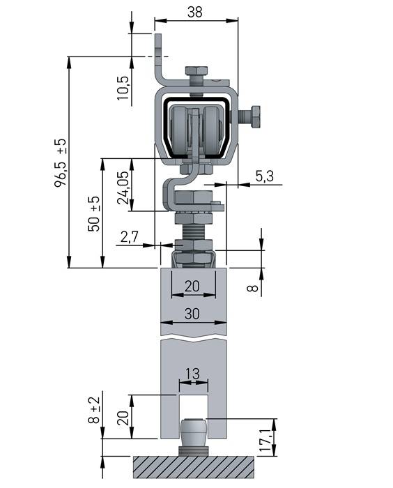 Schiebetorgarnitur Pro 100 Wand blau verz.L.2000mm Flügelgewicht max.100kg HELM-1