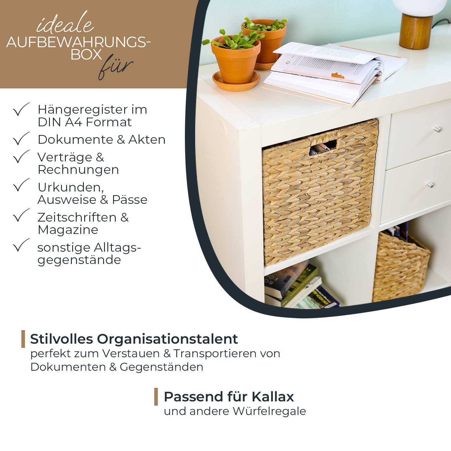 HMF Aufbewahrungskorb passend für Kallax für DIN A4 Hängeregister, Korb geflochten aus Wasserhyazinthe, 33 x 38 x 32 cm-1