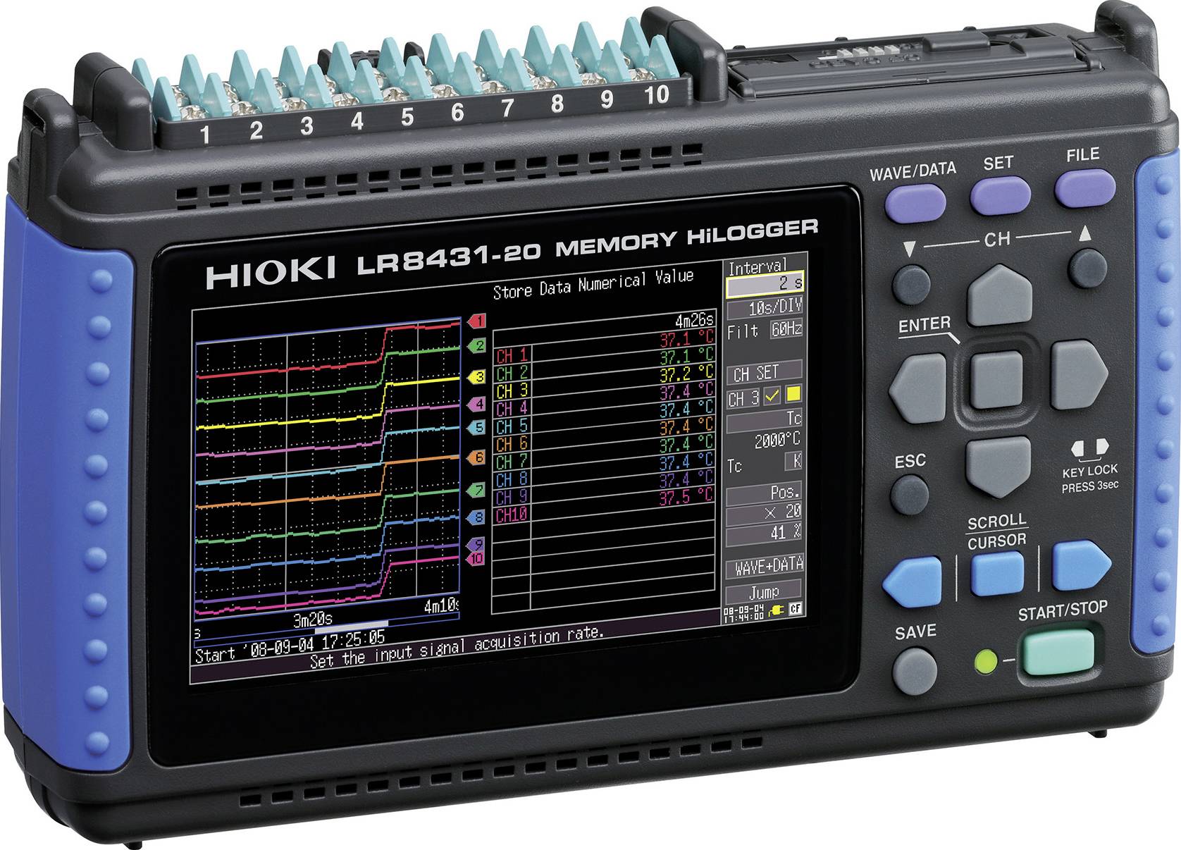 Hioki LR8431-20- Tragbarer 10-Kanal-Datenlogger für Spannungs-, Temperatur- und Impulserfassung-0