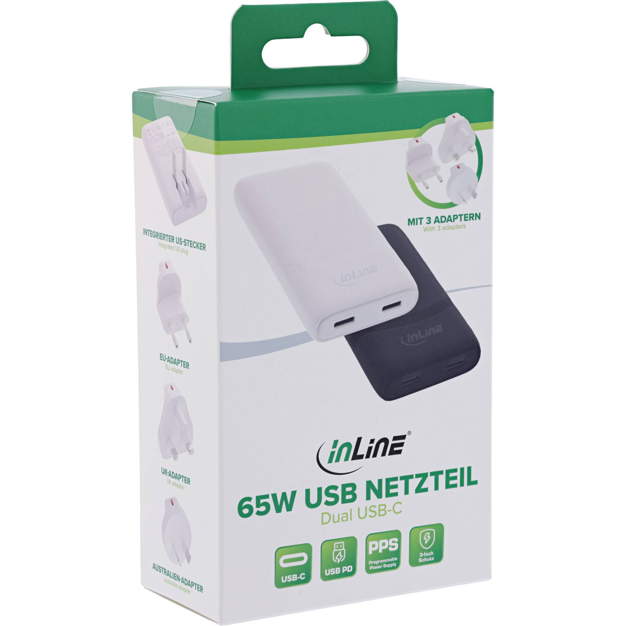 InLine® USB Reise-Netzteil Ladegerät, Dual USB-C, PD, PPS, 65W, flach, weiß-4