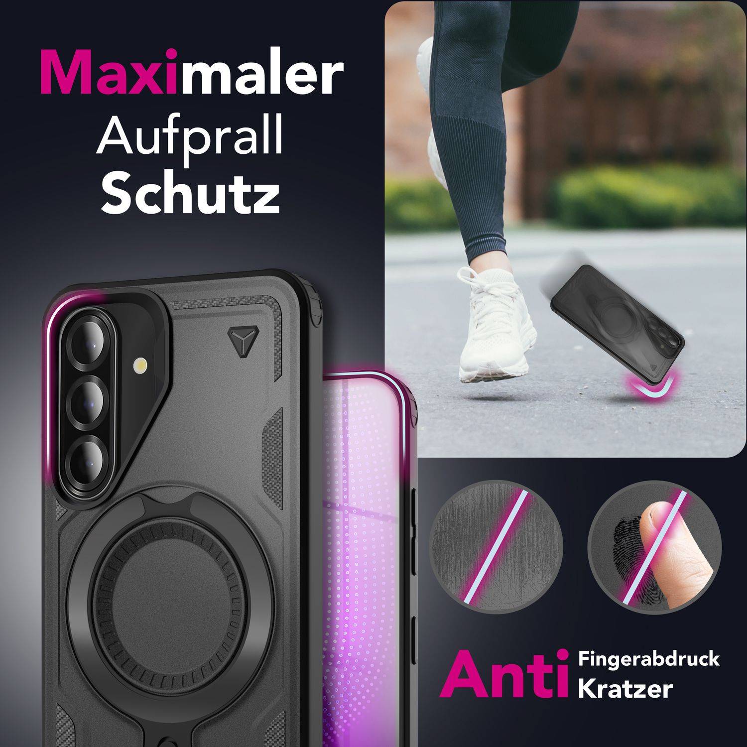 NALIA Handyhülle „Stormguard“ für Samsung Galaxy A36 – Hülle für MagSafe, mit Ring 360° Drehbar, Robust Vulkanschwarz-2