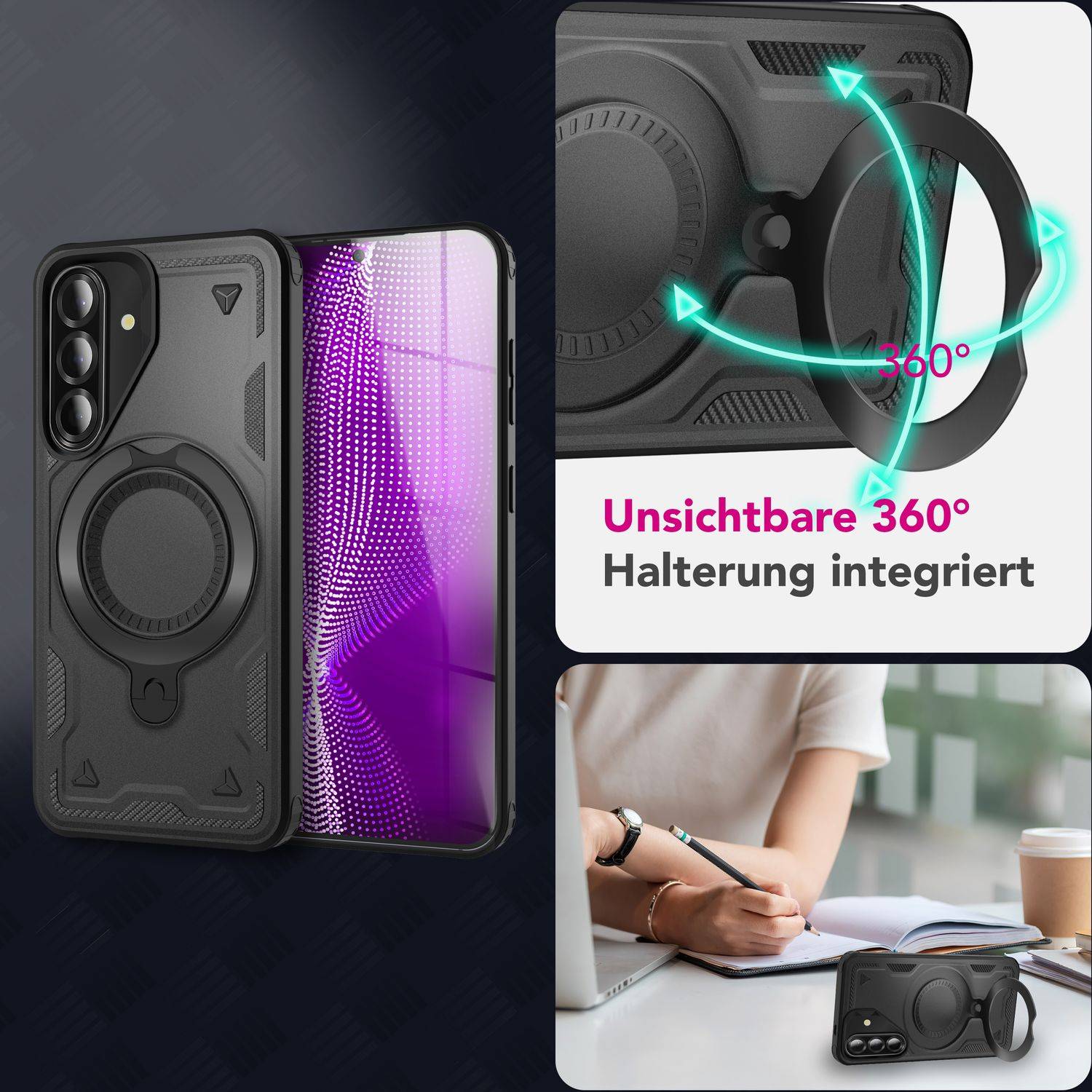 NALIA Handyhülle „Stormguard“ für Samsung Galaxy A36 – Hülle für MagSafe, mit Ring 360° Drehbar, Robust Vulkanschwarz-4